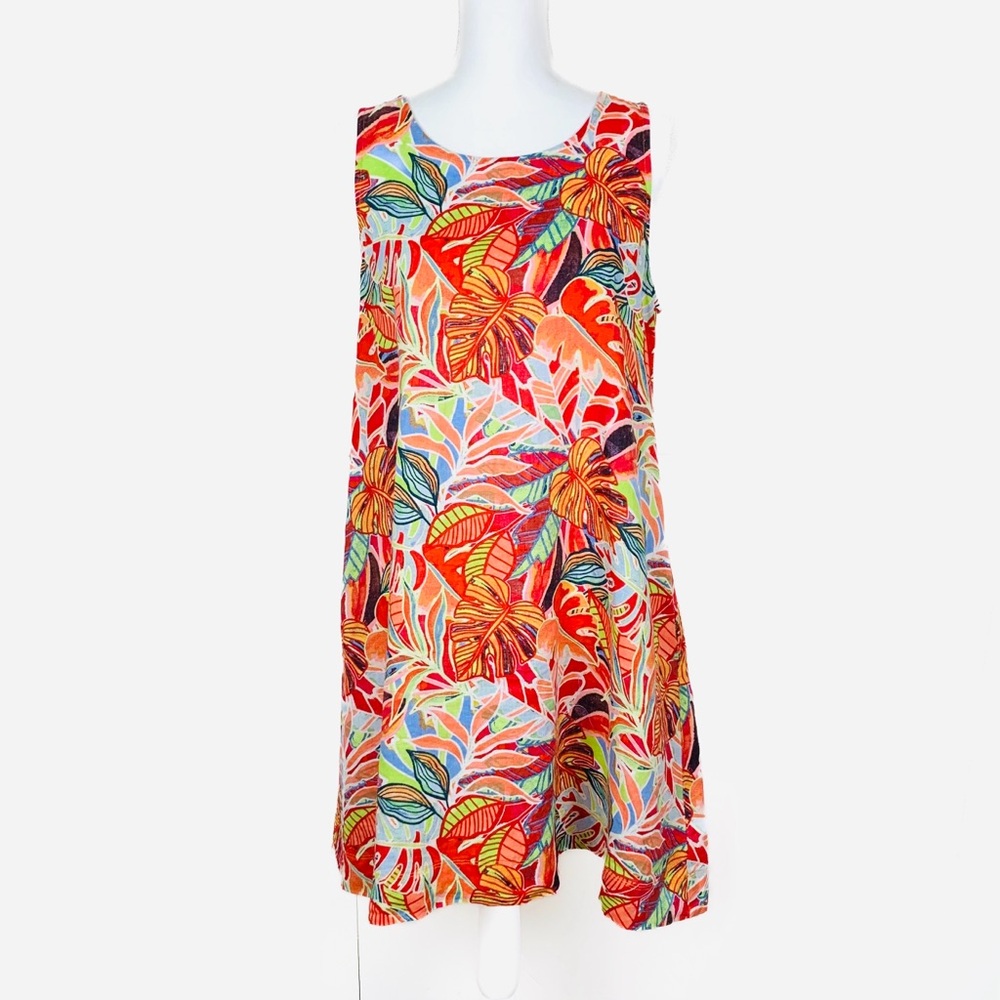 C&C California Women M 100% Linen Shift Mini Dress Sleeveless Tropical Pockets